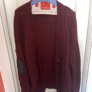 Burgandy Cardigan with Leather Elbow Patch